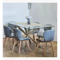 CORI CORI - Comedor Madrid Vidrio 140x80cms + 6 Sillas Mariposa Ecocuero Wood Gris