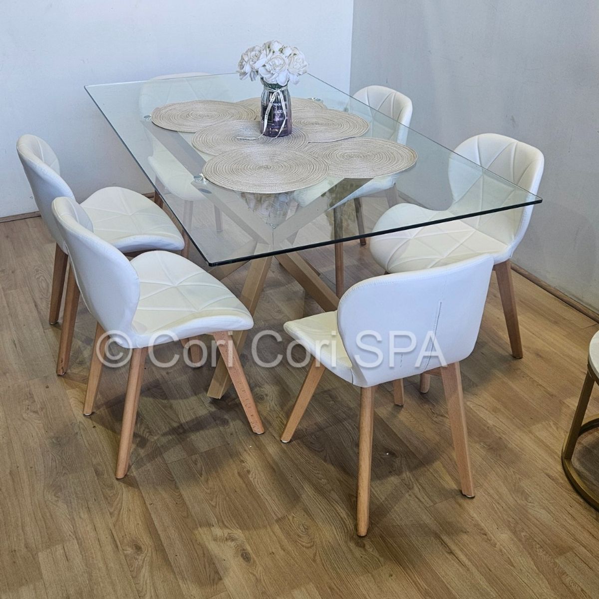 CORI CORI - Comedor Madrid Vidrio 140x80cms + 6 Sillas Mariposa Wood Blanco