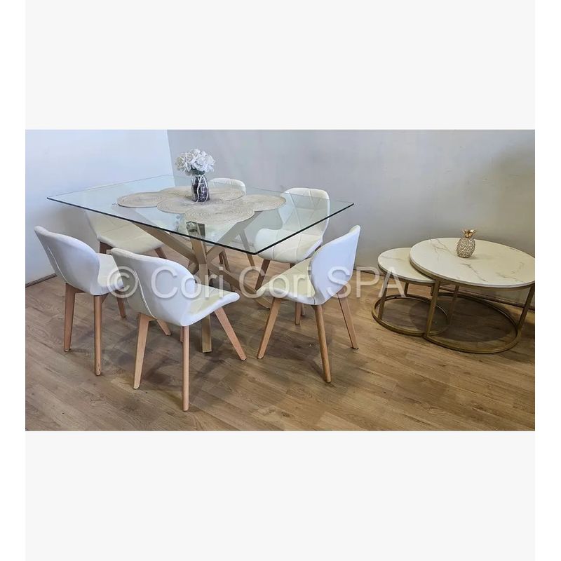 CORI CORI - Comedor Madrid Vidrio 140x80cms + 6 Sillas Mariposa Ecocuero Wood Blanco