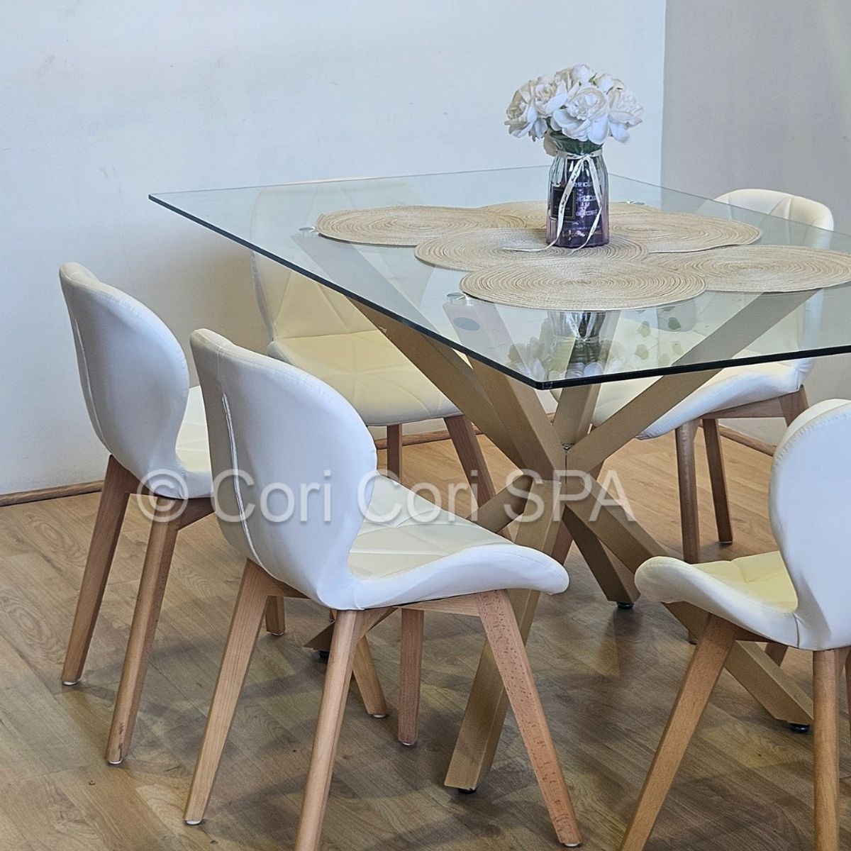 CORI CORI - Comedor Madrid Vidrio 140x80cms + 6 Sillas Mariposa Wood Blanco
