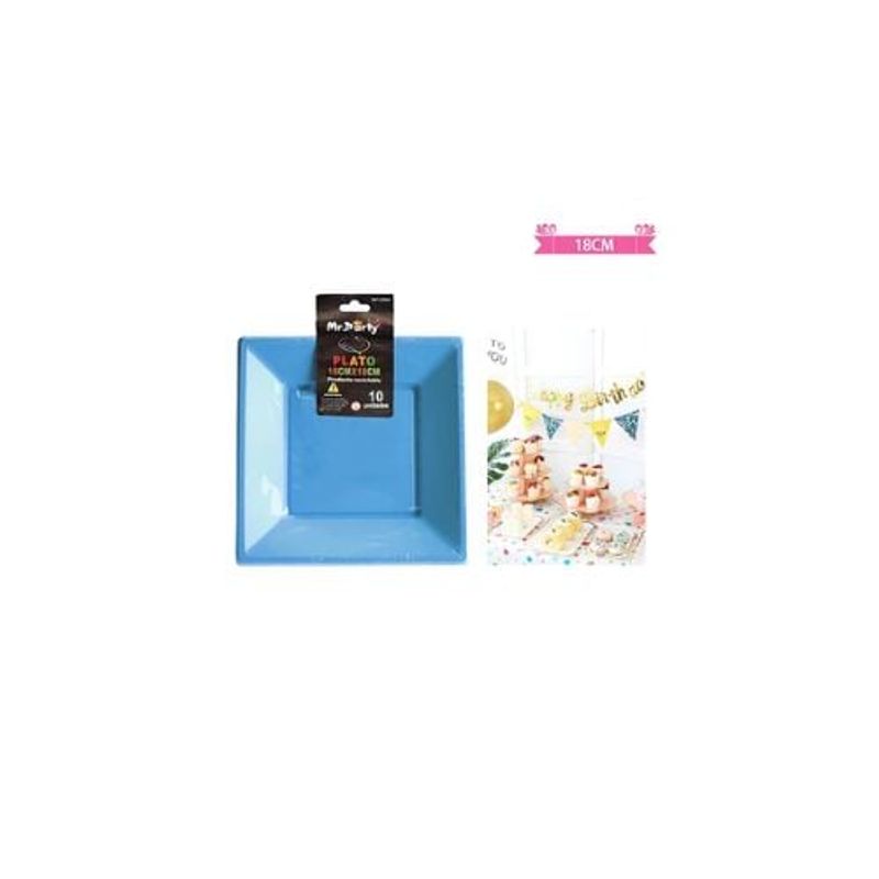 GENERICO - Platos Plásticos Cuadrado Azul 18cm 10pcs