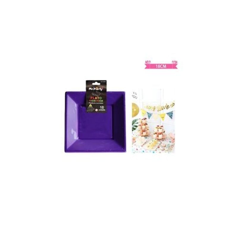 GENERICO - Platos Plásticos Cuadrado Morado 18cm 10pcs