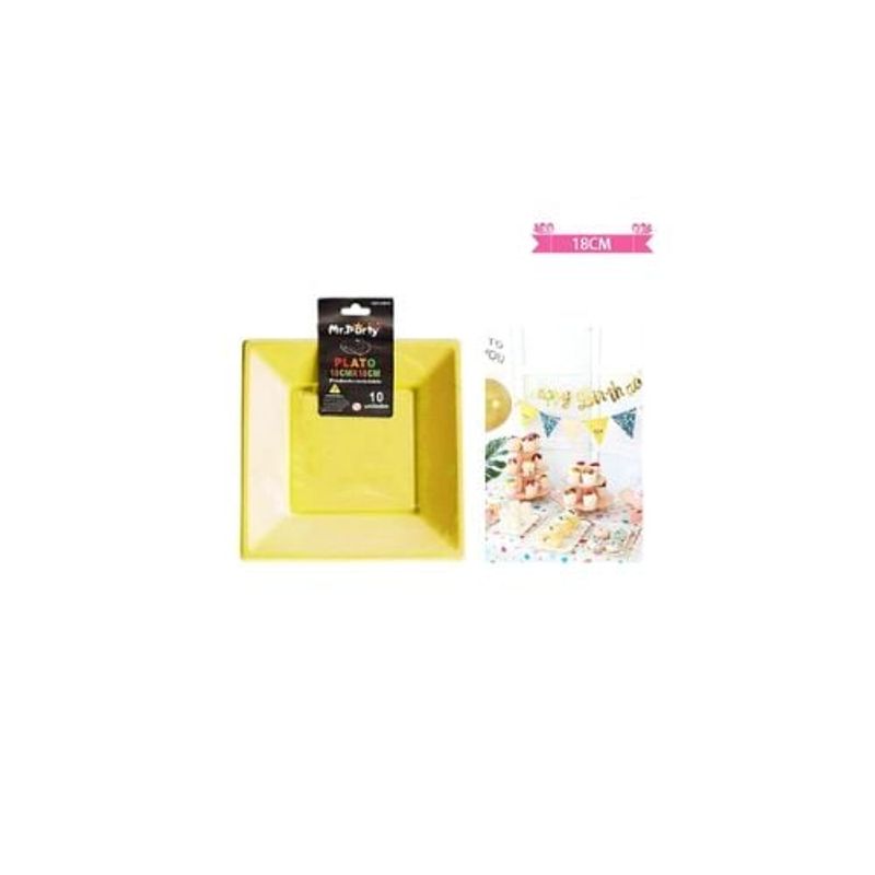 GENERICO - Platos Plásticos Cuadrado Amarillo 18cm 10pcs
