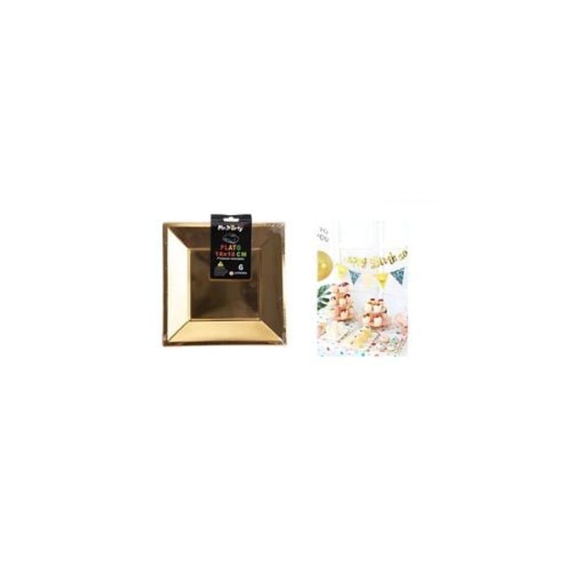 GENERICO - Platos Plásticos Cuadrado Dorado 18cm 6pcs