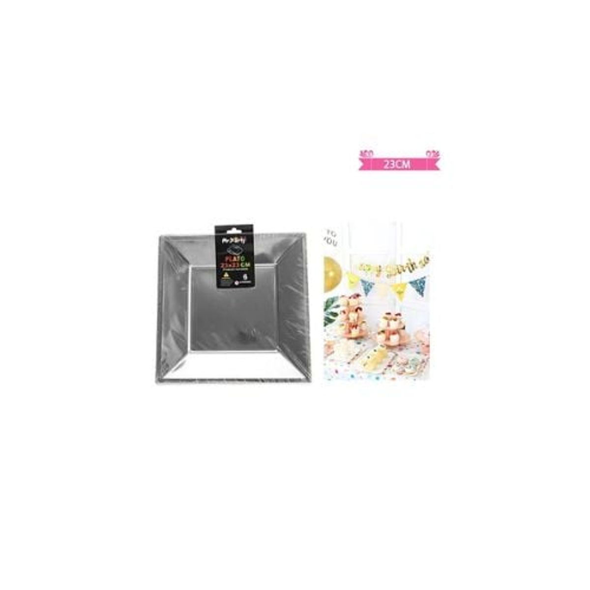 GENERICO - Platos Plásticos Cuadrado Plateado 23cm 6pcs