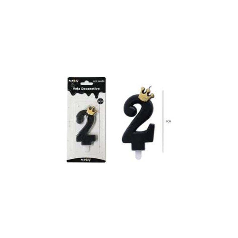 GENERICO - Vela Negro De Número 2 Con Corona 9cm