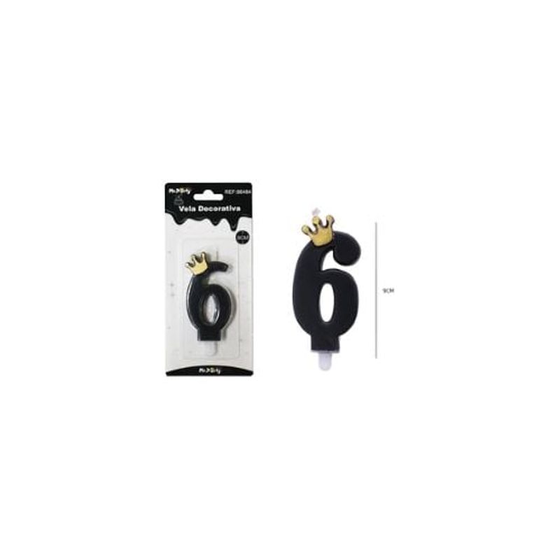 GENERICO - Vela Negro De Número 6 Con Corona 9cm