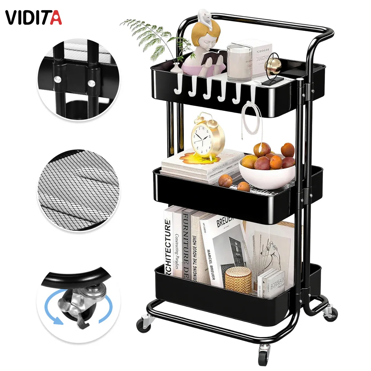 REBONEC - Carrito Organizador Metalico Con Asa Ruedas 3 Niveles Negro