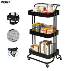 REBONEC - Carrito Organizador Metalico Con Asa Ruedas 3 Niveles Negro