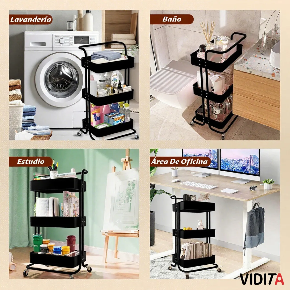 REBONEC - Carrito Organizador Metalico Con Asa Ruedas 3 Niveles Negro