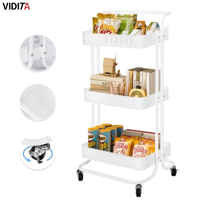 REBONEC - Carrito Organizador Metalico Con Asa Ruedas 3 Niveles Blanco