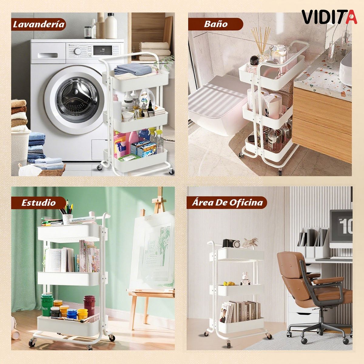 REBONEC - Carrito Organizador Metalico Con Asa Ruedas 3 Niveles Blanco