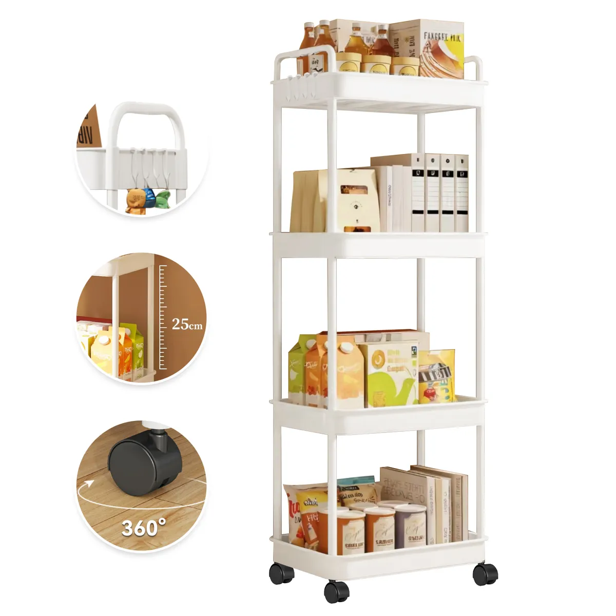 REBONEC - Carrito Organizador Con Ruedas 4 Niveles Estante ABS Blanco