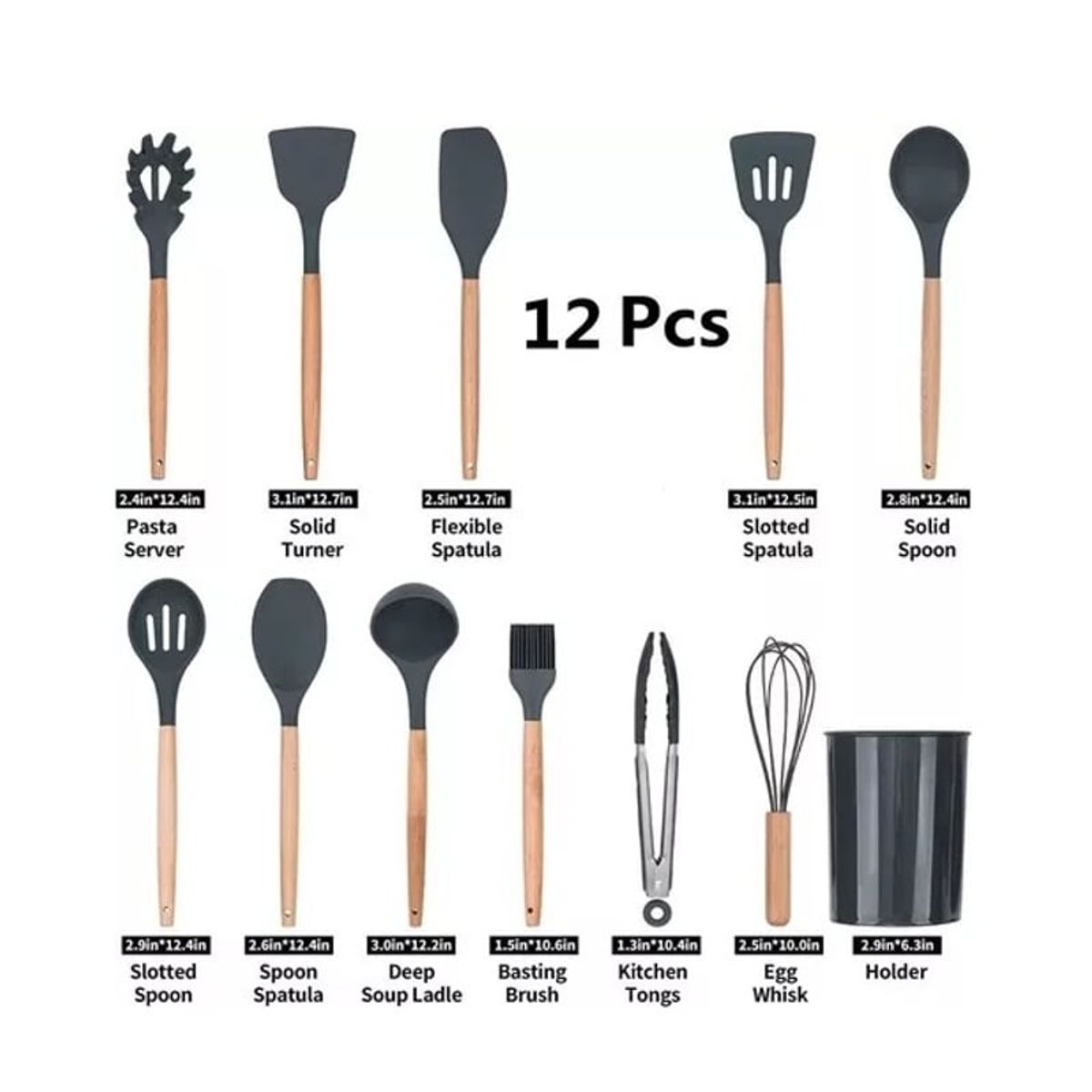 GENERICO - Set 12 Utensilios Cocina Mango Silicona Y Madera Repostería negro