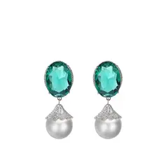 VANE COLLECTION - Aros para mujer pegados colgante fino baño de rodio circones y perla