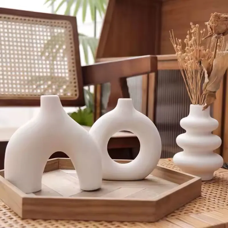 SANTU HOME & DECO - Set 3 Floreros Cerámica Nórdicos Decoración Flores Blanco