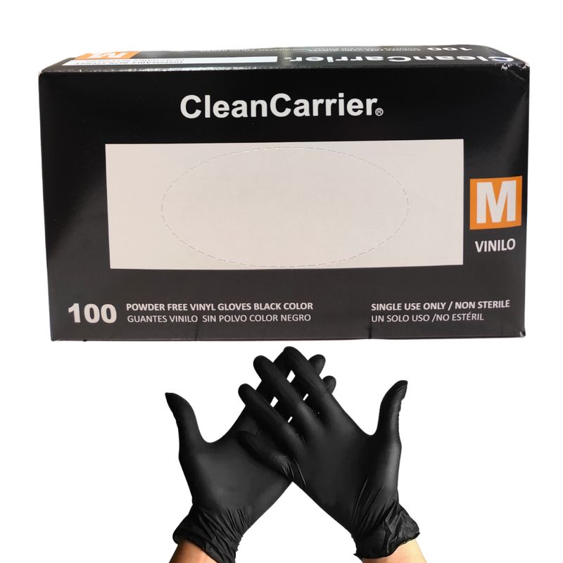 CLEANCARRIER - Guantes Vinilo Negro Sin Polvo Cleancarrier Caja 100 Un - M