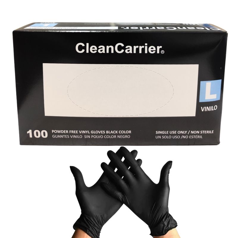 CLEANCARRIER - Guantes Vinilo Negro Sin Polvo Cleancarrier Caja 100 Un - L