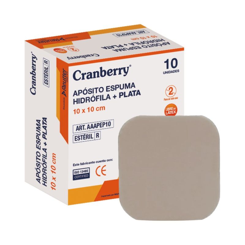 CRANBERRY - Apósito Espuma Hidrófila + Plata 10x10Cm - Caja 10 Unidades