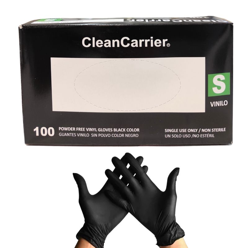 CLEANCARRIER - Guantes Vinilo Negro Sin Polvo Cleancarrier Caja 100 Un - S