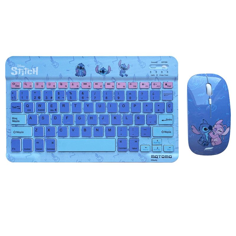 MOTOMO - Combo Teclado, Mouse Inalambrico Recargable Bluetooth Disney Celeste