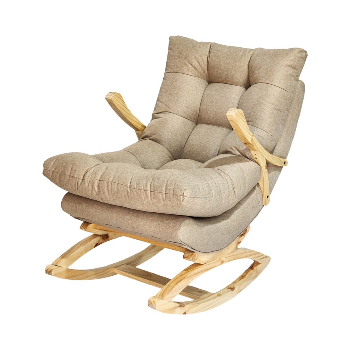 MUEBLES NEW - SILLA MECEDORA COQUETTE CON APOYA BRAZO BEIGE LINO.