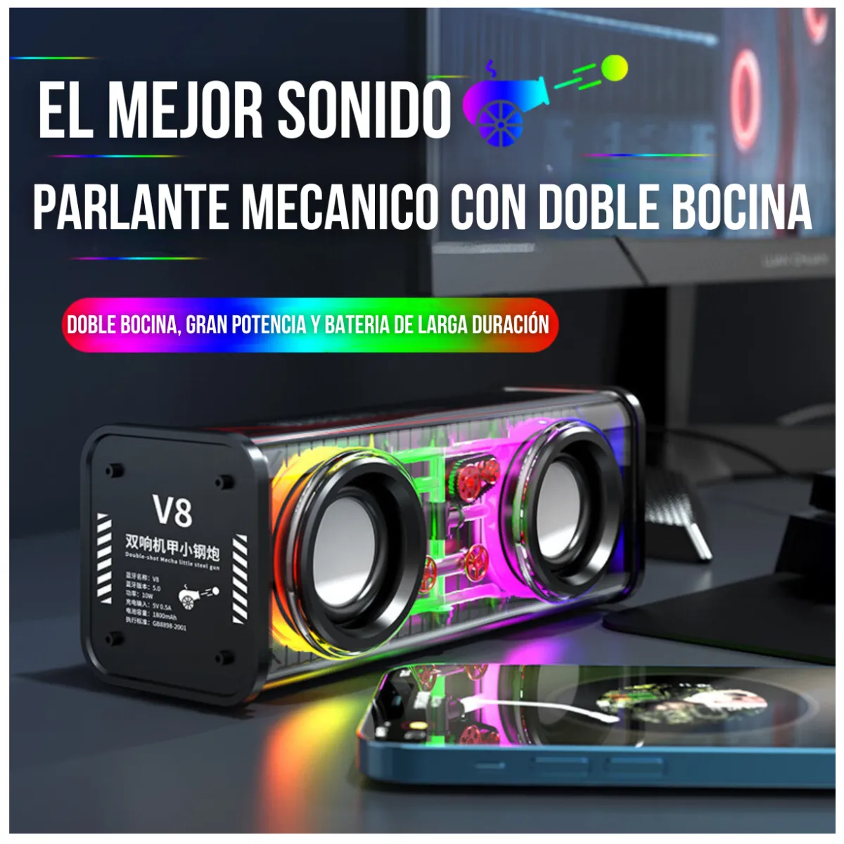 GENERICO - Parlante Bluetooth 5.3 Portátil V8 RGB 10w Color Blanco