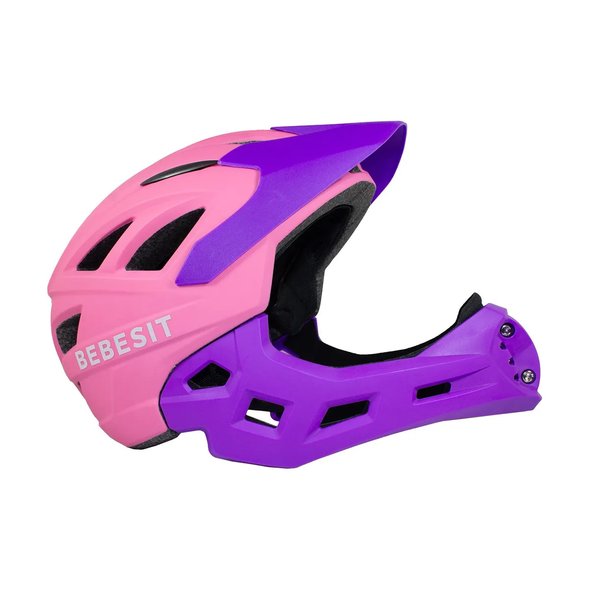 BEBESIT - Casco Integral Bici Cross Rejilla Desmontable Rosado Morado