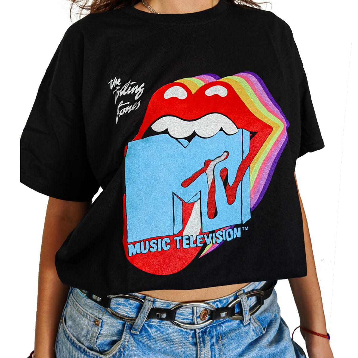 ROCK OFF OFFICIALLY LICENSED PRODUCTS - Polera retro de MTV con la lengua de The Rolling Stones cromática