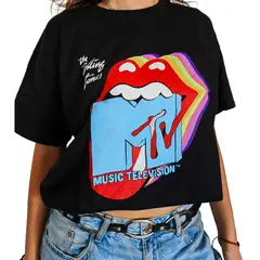 ROCK OFF OFFICIALLY LICENSED PRODUCTS - Polera retro de MTV con la lengua de The Rolling Stones cromática