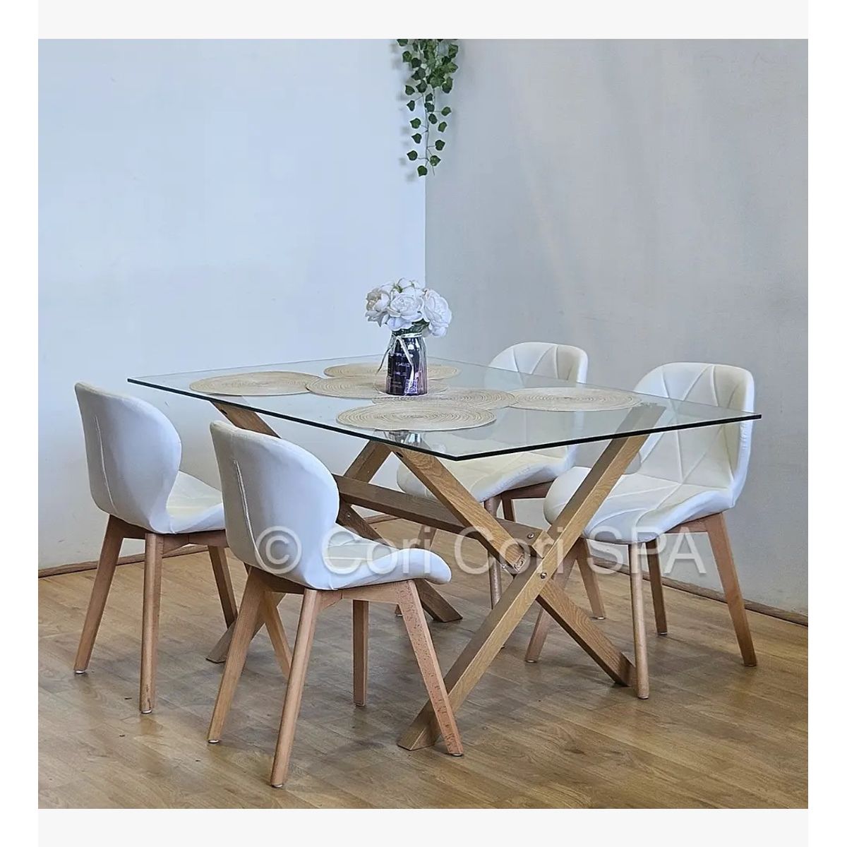 CORI CORI - Comedor Medlock 140x90cms + 4 Sillas Mariposa Ecocuero Wood Blanco