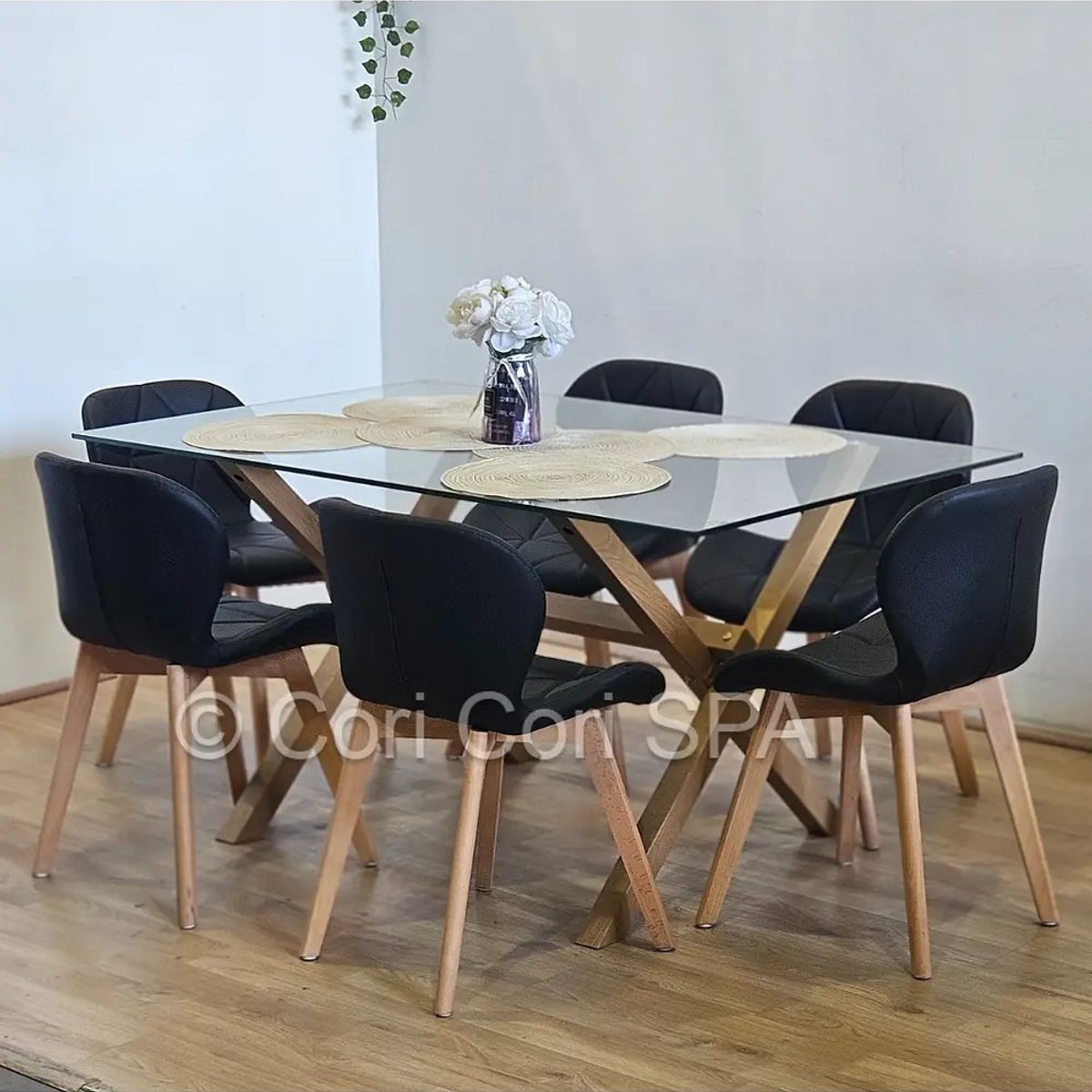 CORI CORI - Comedor Medlock 140x90cms + 6 Sillas Mariposa Ecocuero Wood Negro