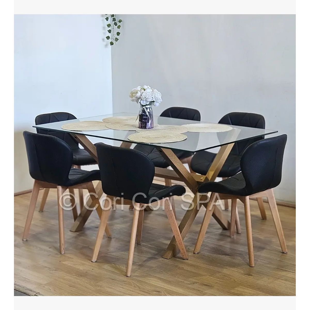 CORI CORI - Comedor Medlock 140x90cms + 6 Sillas Mariposa Ecocuero Wood Negro