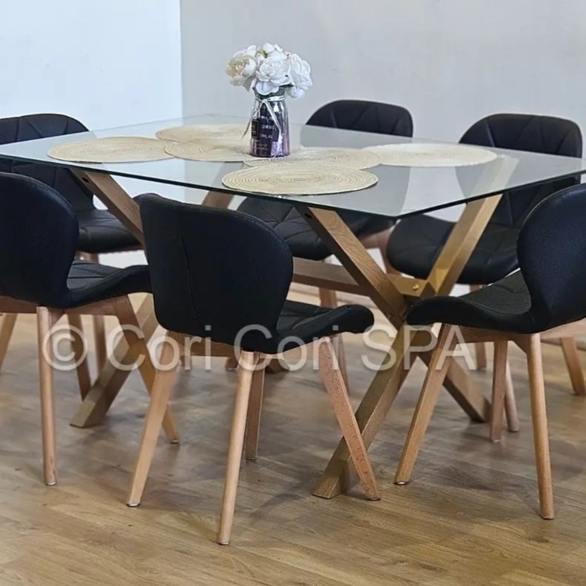 CORI CORI - Comedor Medlock 140x90cms + 6 Sillas Mariposa Ecocuero Wood Negro