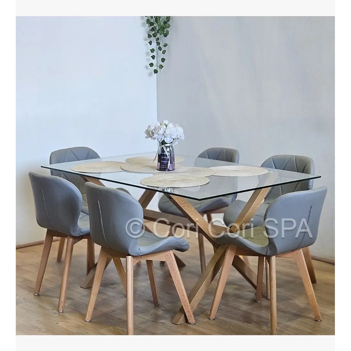 CORI CORI - Comedor Medlock 140x90cms + 6 Sillas Mariposa Ecocuero Wood Gris