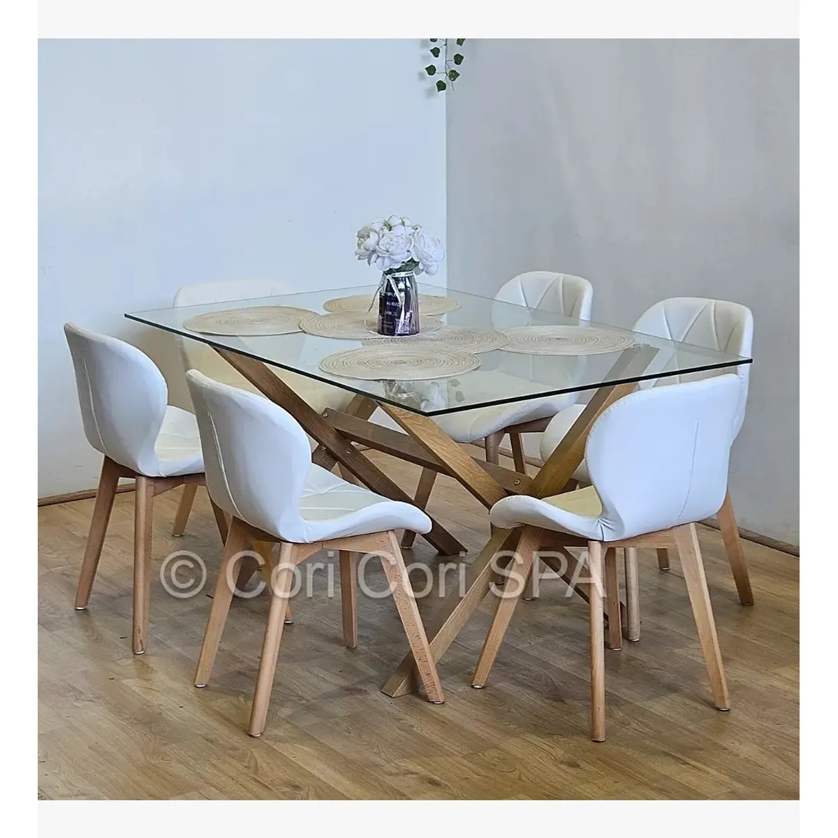 CORI CORI - Comedor Medlock 140x90cms + 6 Sillas Mariposa Ecocuero Wood Blanco