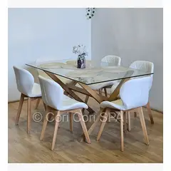 CORI CORI - Comedor Medlock 140x90cms + 6 Sillas Mariposa Ecocuero Wood Blanco