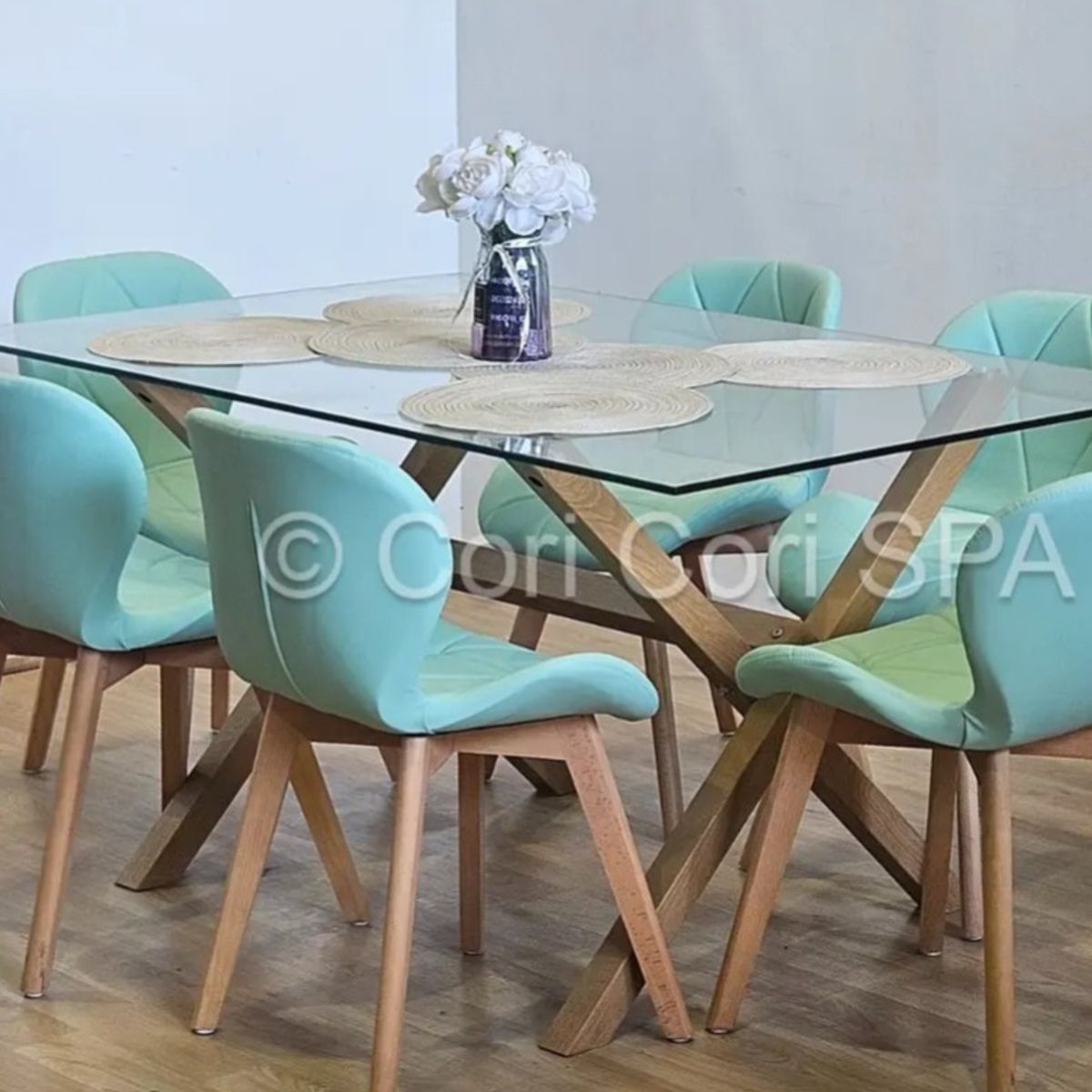 CORI CORI - Juego de Comedor Medlock 140x90cms + 6 Sillas Mariposa Wood Menta