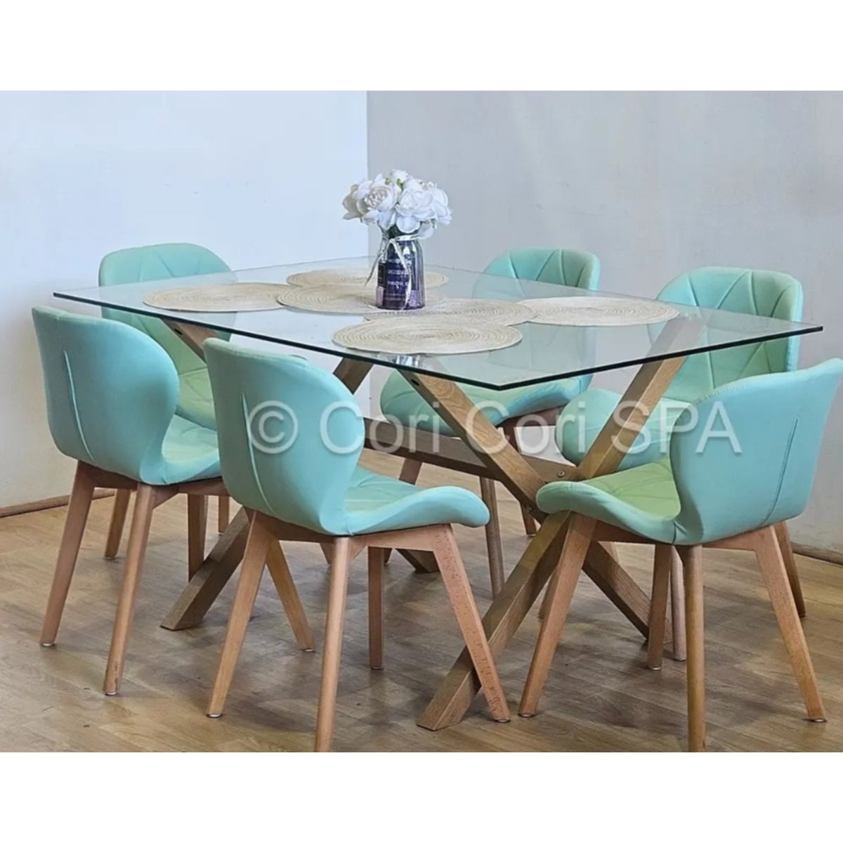 CORI CORI - Juego de Comedor Medlock 140x90cms + 6 Sillas Mariposa Wood Menta