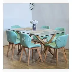 CORI CORI - Comedor Medlock 140x90cms + 6 Sillas Mariposa Ecocuero Wood Menta