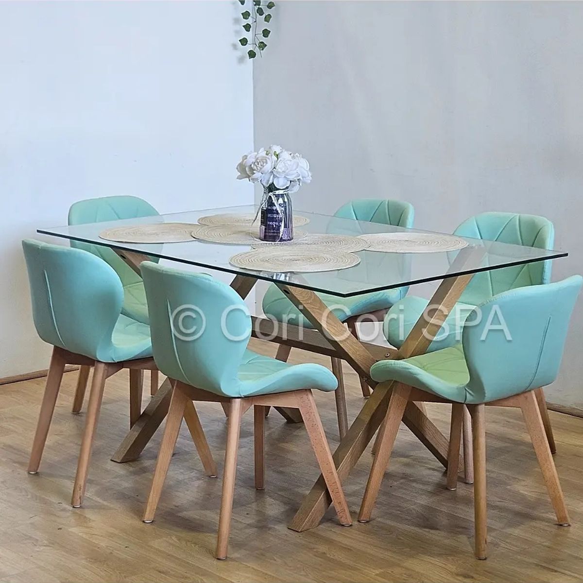 CORI CORI - Comedor Medlock 140x90cms + 6 Sillas Mariposa Ecocuero Wood Menta