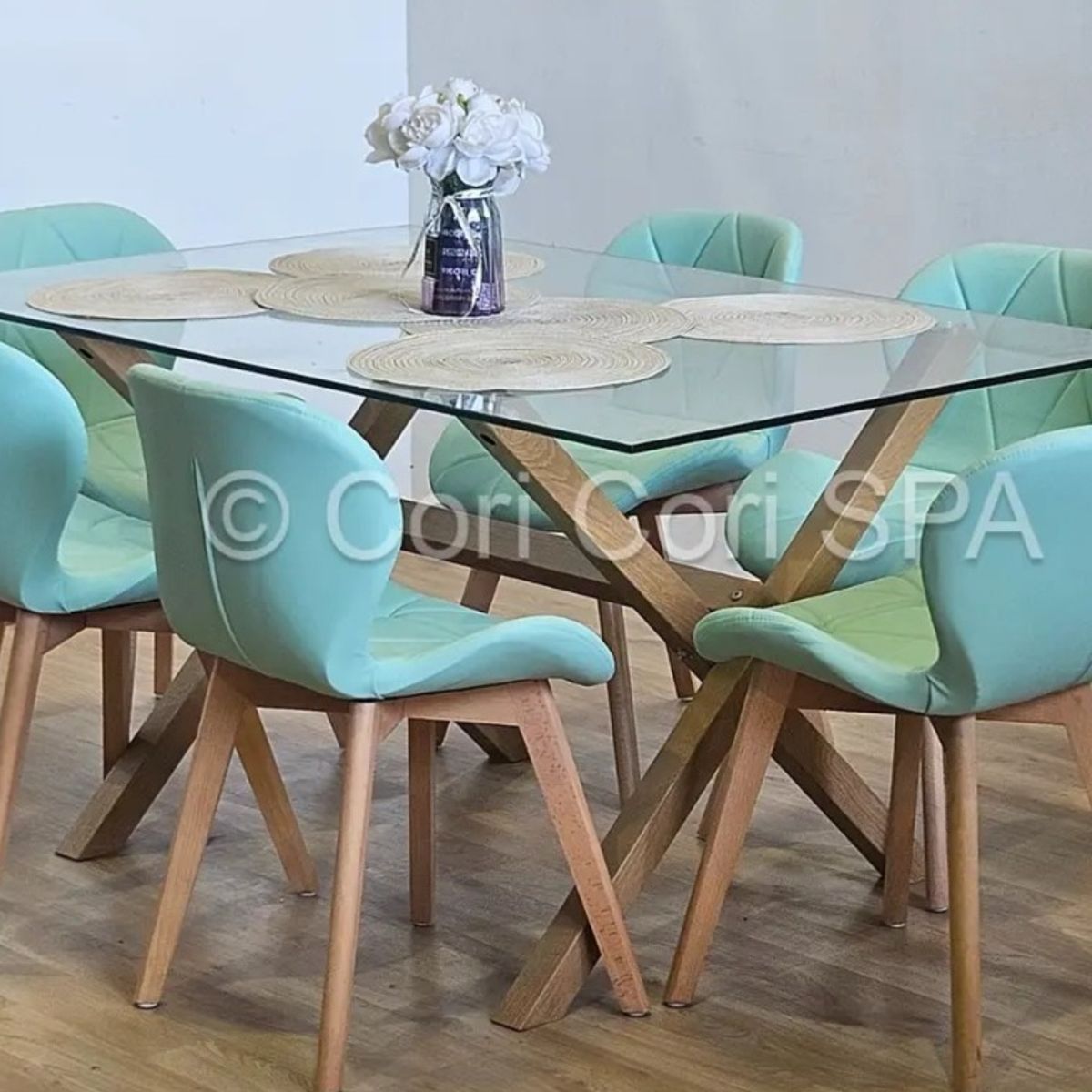 CORI CORI - Comedor Medlock 140x90cms + 6 Sillas Mariposa Ecocuero Wood Menta