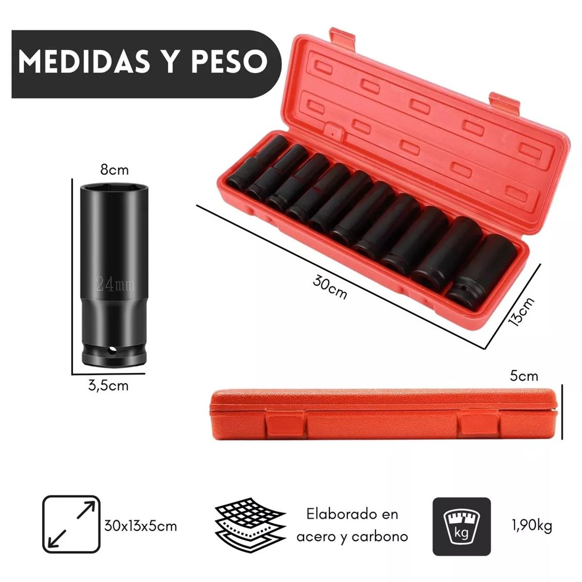 KUANGYE - Juego Set Dados De Impacto 1/2, 10 Piezas De 8 A 24 Mm