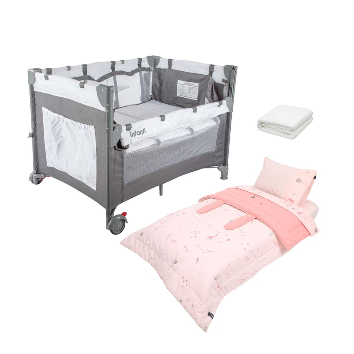 INFANTI - Cuna más Colchón Protector Playard Always y Set Sabanas cuna