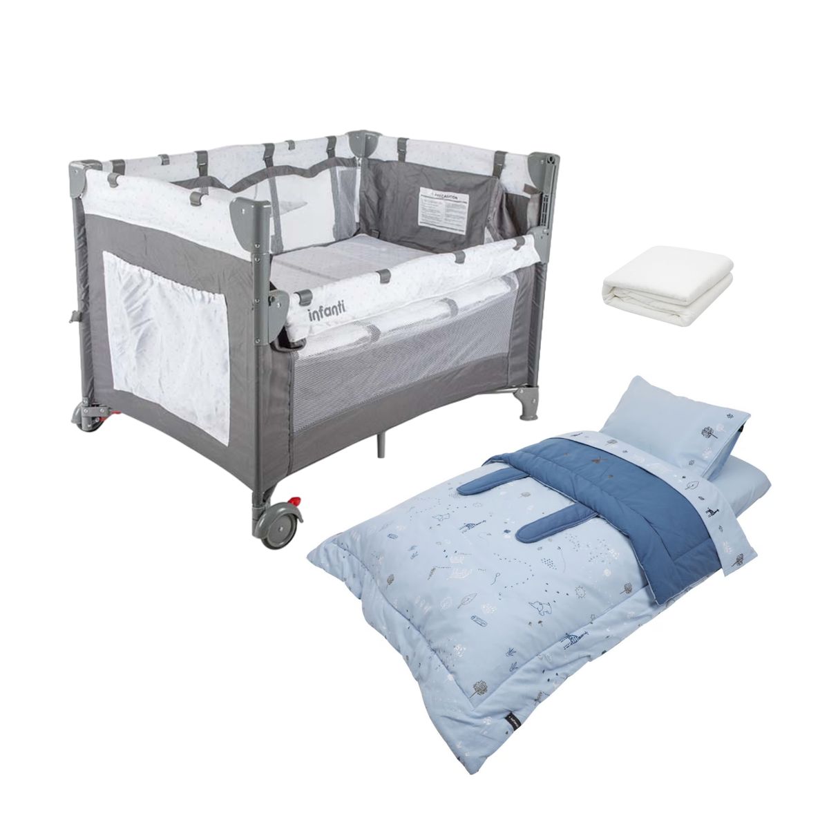 INFANTI - Cuna más Colchón Protector Playard Always y Set Sabanas cuna