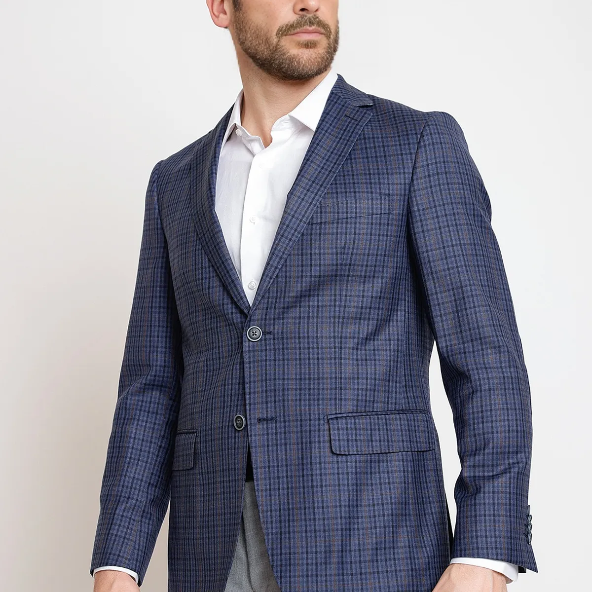 TRIAL - Chaqueta Hombre Formal Mezcla Lana Cuadros Slim Executive Azul