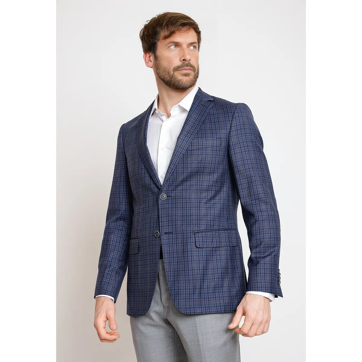 TRIAL - Chaqueta Hombre Formal Mezcla Lana Cuadros Slim Executive Azul