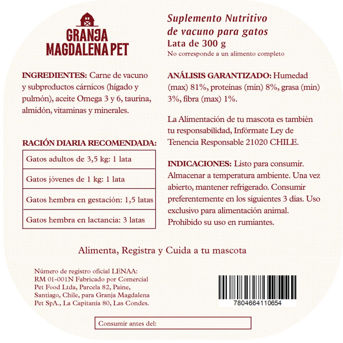 GRANJA MAGDALENA - Terrine Vacuno para Gatos - 300 grs - Granja Magdalena Pet