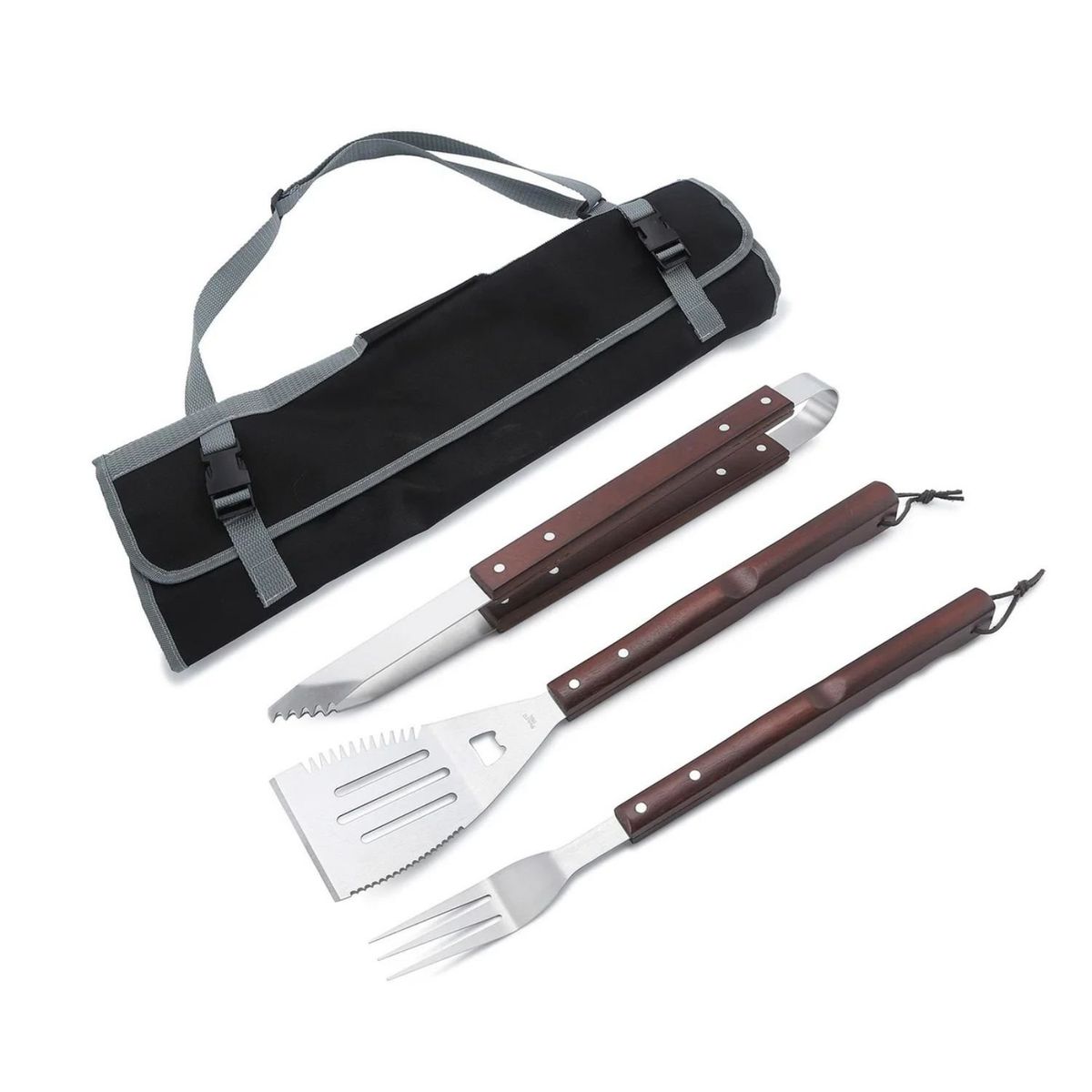 GENERICO - Set Parrillero 3 Piezas Espatula Horquilla Pinza Con Funda