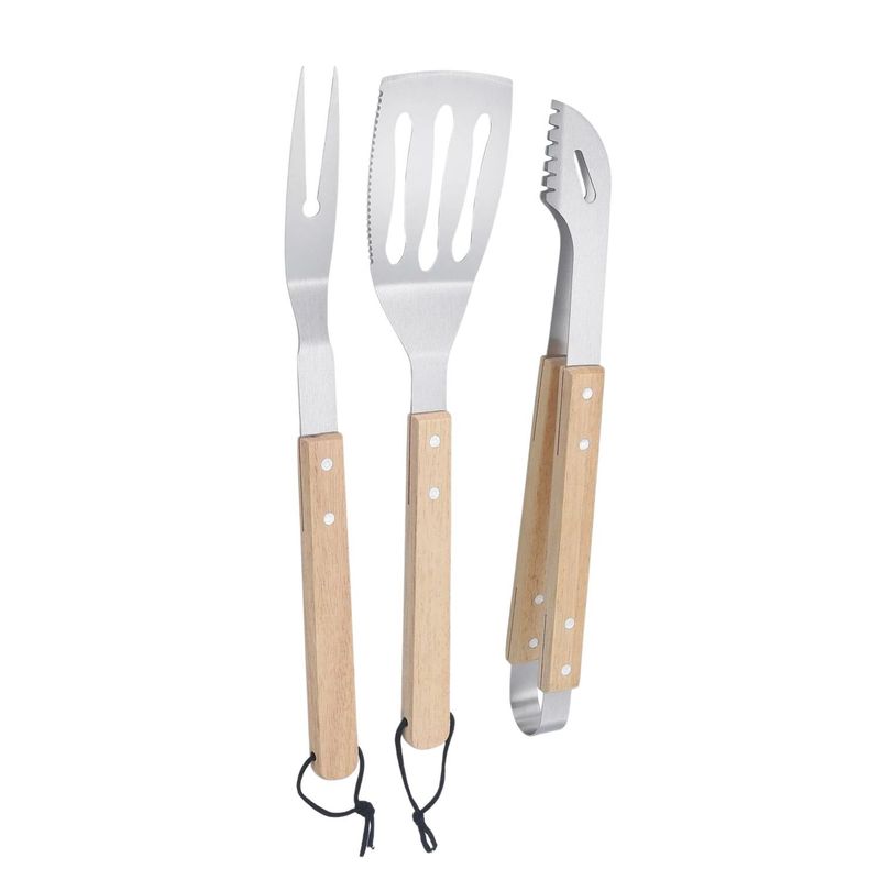 GENERICO - Set Parrillero 3 Pzs Espatula Horquilla Pinza 39cm Mango Madera